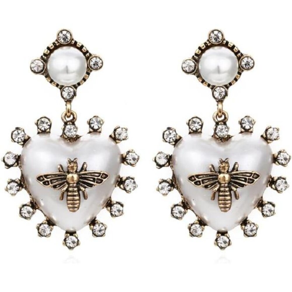 Boho Honey Bee Pearl Dangle Earrings | CZ Bee Statement Drops